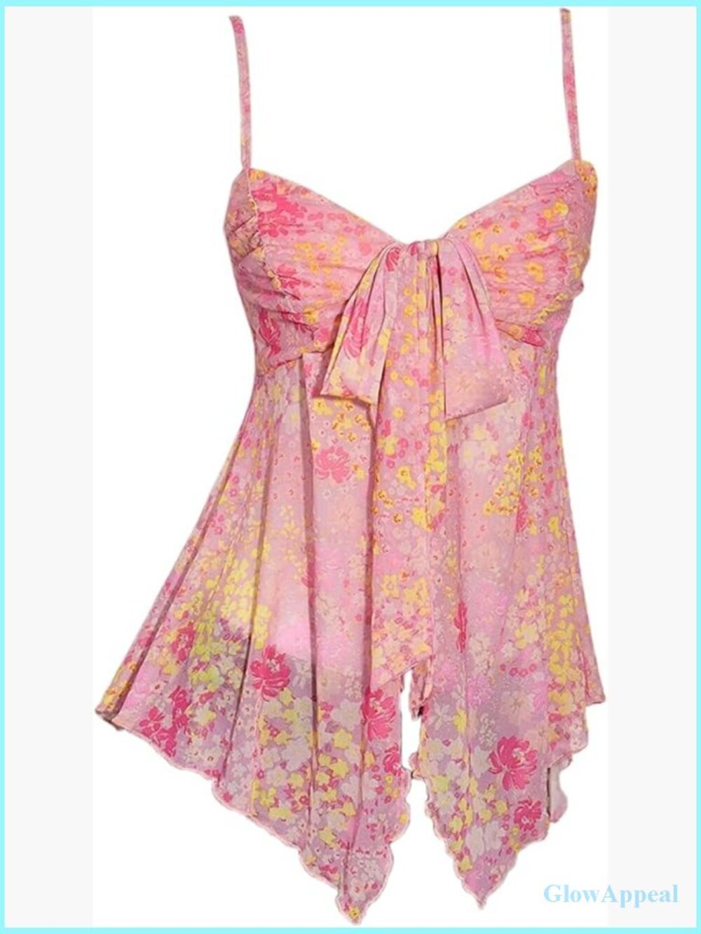 Floral Asymmetrical Flowy Cami Top Y2k Tie Front Spaghetti Strap Mesh Top